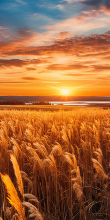 golden wheat sways in a field at sunset in this contemporary landscape stock photo. the uhd image captures the orange and amber hues of the sky, creating a romantic riverscape scene. the cabincore aesthetic is highlighted by the golden palette, making this transcendent image perfect for any project. ai generatedの素材