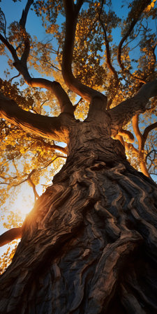 a majestic giant tree stands tall, adorned with vibrant blue and yellow leaves. the aerial perspective captures its gnarly branches reaching towards the sky, creating a captivating upward angle shot. the enchanting golden hour enhances the ethereal atmosphere, adding a touch of fantasy to the grandeur of scale and intricate details. ai generatedの素材