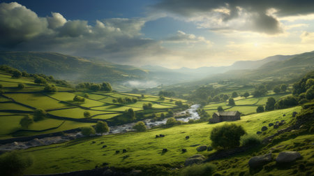 a picturesque mountain area with a lush green lawn, reminiscent of the charming english countryside scenes. this stunning photograph by mike campau captures the atmospheric imagery and romantic riverscapes of rural life. the multicolored landscapes create a captivating visual experience, reminiscent of the breathtaking photos often seen in national geographic. ai generatedの素材