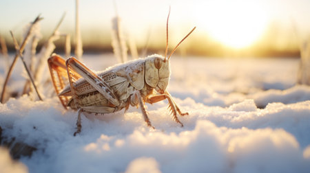 a grasshopper rests on the snow-covered ground in a captivating visual storytelling style, infused with golden light and pop-culture references. the surrealistic and naturalistic portrait showcases a precisionist approach, with hues of light indigo and light amber creating a mesmerizing scene. ai generatedの素材