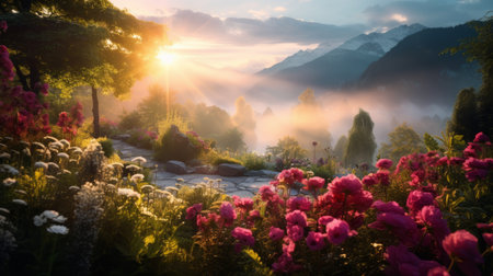 flowers in the mountains at sunrise depicted in a realistic and hyper-detailed rendering, inspired by fairytales and captured in a national geographic-worthy photo by raphael lacoste. the impressionist gardens are brought to life with a realistic depiction of light, making for an inspirational sunrise wallpaper. ai generatedの素材