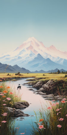 an aerial photo captures a stunning interior landscape featuring majestic mountain views in the background. the scene is adorned with vibrant wild flowers, reminiscent of detailed character illustrations. the photo showcases the beauty of nature, with elements like realistic bird paintings, adventure pulp, saturated pigment pools, and horizons adding to its allure. ai generatedの素材