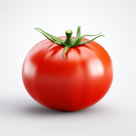 red tomato isolated on white background, rendered in photo-realistic style using cinema4d and octane render. the industrial and product design influence is evident through the use of cross processing and subtle lighting techniques. attractive image for food blogs or nutrition-related websites. keywords: red tomato, isolated, white background, daz3d, cinema4d, octane render, industrial, product design, photo-realistic, cross processing, light, shadow. ai generatedの素材