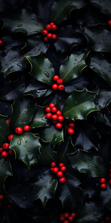 holly leaves and red berries close-up capture in a gothic dark and moody style. accurate and detailed depiction with xmaspunk aesthetic, featuring water droplets. ideal wallpaper showcasing the unexpected beauty of nature. ai generatedの素材