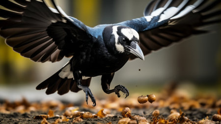 an elegant black and white bird gracefully soars through the air, its wings outstretched in flight. it glides effortlessly near a cluster of acorns, creating a captivating scene. the dark cyan and dark blue tones add depth and intensity to this candid photojournalistic composition. with grandiose color schemes and forced perspective, the image exudes raw character. the bird, seemingly made of rubber, emanates a livelyの素材