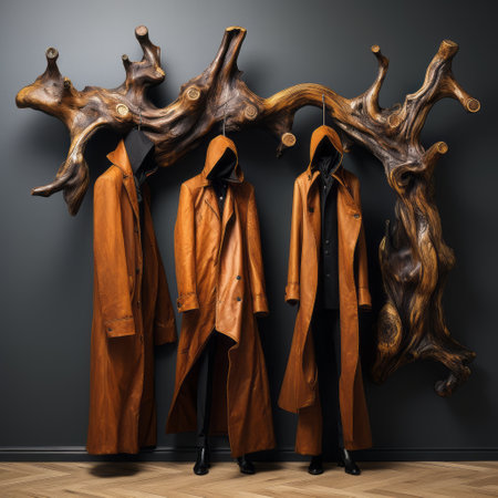 three hyperrealistic mannequins dressed in elegant leather coats are displayed on a wooden shelf designed to resemble twisted branches. the installation art features dark orange hues and fluid, organic shapes, complemented by symbolic images in the form of hyperrealistic murals. this conceptual piece is both visually striking and thought-provoking, making it a must-see for art enthusiasts. keywords: mannequins, leather coats, wooden shelf, twisted branches, hyperrealistic,の素材