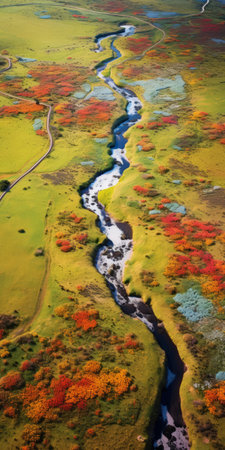 an aerial view of a vibrant open grassland with a large flowing stream. this stunning photograph, captured by peter sculthorpe for the associated press, showcases the naturalistic depictions of flora and fauna. the use of the zeiss batis 18mm f2.8 lens enhances the richly colored primary hues, creating a visually captivating composition. ai generatedの素材