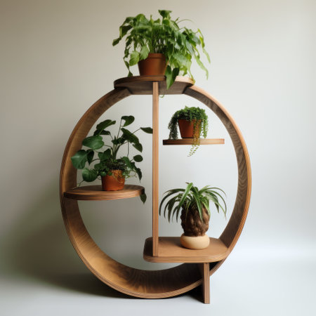 circular ipe wood plant holder with vray tracing style and japonism influence. classical balance meets asymmetrical framing with quirky details. unconventional use of space creates dynamic balance in this unique piece. ai generatedの素材