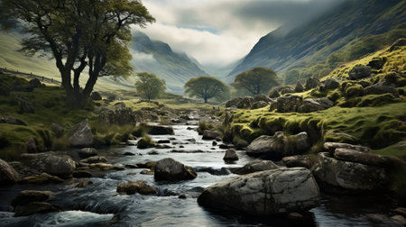 mountain stream flowing down a cliff in the scottish highlands, captured in a traditional british landscape style reminiscent of mystical fantasy. this pastoral and tender depiction of nature showcases the breathtaking beauty of the highlands, making it a perfect fit for national geographic's collection of stunning photographs. ai generatedの素材