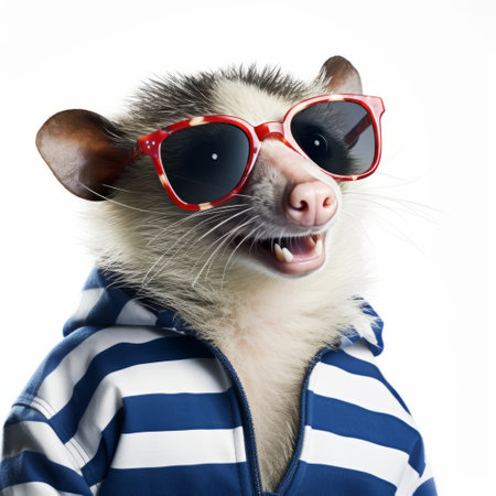 the possum, a cute little animal, is captured in a studio portrait wearing sunglasses. the image features saturated stripes and softbox lighting, giving it a hip-hop flair. inspired by the works of richard gerstl, the possum stands out against a smooth, white and red background. ai generatedの素材