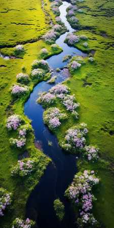 aerial photograph showcasing vibrant flowers in full bloom on lush green grass. the image captures the essence of romantic riverscapes and otherworldly landscapes, with a touch of japanese-inspired imagery. shot using the zeiss batis 18mm f2.8 lens, the photo exhibits a captivating blend of light magenta and green hues. the luminosity of the water and the influence of dutch landscapes add depth to this mesmerizingの素材