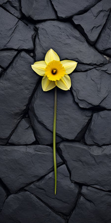 a single yellow daffodil stands out against a dark surrealistic backdrop of a brick wall. the stone wall, in shades of dark gray and light black, adds to the mysterious atmosphere. this minimalist color field photograph captures the essence of surrealism with its gemstone-like quality. the image has elements of wimmelbilder and stereoscopic photography, creating a unique visual experience. ai generatedの素材