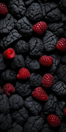 raspberry growing on black shingle, tabletop photography showcasing visually tactile surfaces. sustainable design captured with a voigtlander bessa r2m camera. dark gray and black tones create a soft focus effect. ai generatedの素材