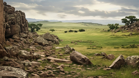 a national geographic photo featuring a grassy field with a creek, rock formations, and trees. the landscape is reminiscent of ndebele art, with naturalistic backgrounds and an atmospheric, moody atmosphere. the image captures the romanticized country life and pastoral landscapes, creating hazy and captivating scenery. ai generatedの素材