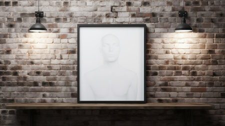 blank white portrait-orientation picture frame with white canvas hanging on brick wall with drop lights. dark gray and black, confycore, handsome, clay mann, thriftcore. ai generatedの素材