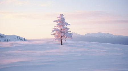 a snowy mountain stands tall, offering a breathtaking view of the valley below. a delicate pink tree adds a touch of color to the serene scene. captured in a romantic soft focus with ethereal light, this image exudes simplicity and tranquility. the monochromatic color palettes of light white and light indigo create a pensive stillness. shot with a helios 44-2 58mm f2 lens, this uhdの素材
