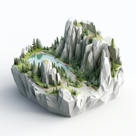 3d scenic landscape featuring a flat land with organic sculptures, set against a white background. this captivating photo showcases romanticized depictions of wilderness, with a color palette of light gray and green. the streamlined design and impeccable details make it a stunning piece reminiscent of national geographic photography. ai generatedの素材