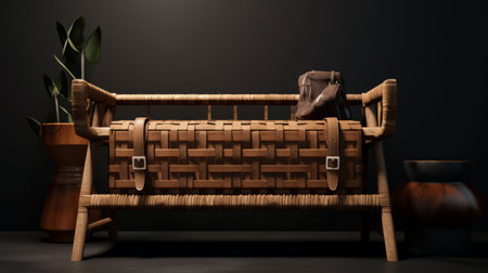 a storage bench with weaving leather elements, designed to create a clean and elegant look. the hyperrealistic chair features detailed textures and is isolated on a white background. with a resolution of 16k, this high-detail piece showcases the beauty of octane render. ai generatedの素材