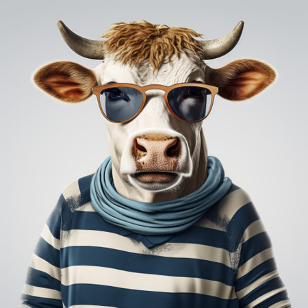 a man in a striped sweater confidently holds an umbrella while standing next to a cow wearing sunglasses and a jacket. this unique artwork, created in the style of zbrush, showcases the talent of an object portraiture specialist. the use of kodak ultramax film adds a vibrant touch to the characterized animals, resulting in a strong facial expression and a caricature-like appearance. ai generatedの素材