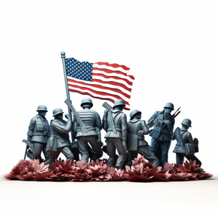 soldiers holding an american flag, depicted as realistic sculptures, in the style of editorial illustrations by tetsuo hara. the artwork showcases highly detailed foliage and captures the essence of iconic civil rights imagery. inspired by the works of kerem beyit and the group f64. ai generatedの素材