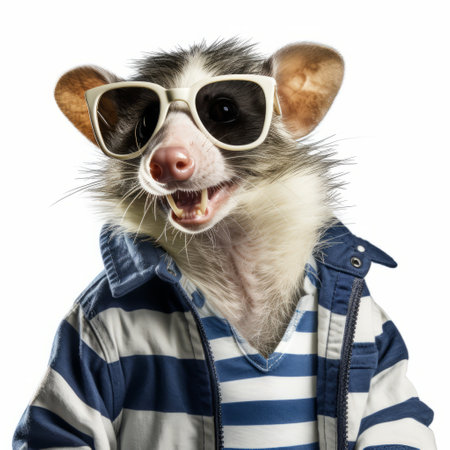 a cute possum wearing white sunglasses poses for a studio portrait, exuding an exuberant vibe. the striped pattern on the sunglasses adds a stylish touch to the image, reminiscent of the works of bill watterson, patrick demarchelier, and jean restout the younger. shot on 70mm film, this photo captures the possum's adorable charm. ai generatedの素材