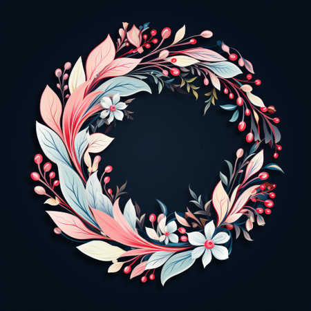 a vector floral frame, shaped like an arc, stands out against a black background. the frame is adorned with intricate feather designs in light red and light blue hues. the organic elements of the frame, in shades of light pink and dark navy, create a vibrant contrast with the use of light and shadow. circular shapes in dark white and light aquamarine add further visualの素材