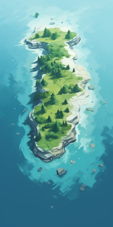 island in ocean, artgerm style, flat perspectives, dappled grass, cartoonish simplicity, vibrant cartography, soft shading, pigeoncore ambiance. explore this whimsical paradise, where nature meets art in a vibrant blend. artgerm's distinctive style brings the island to life with flat perspectives, dappled greenery, and a touch of pigeoncore charm. ai generatedの素材