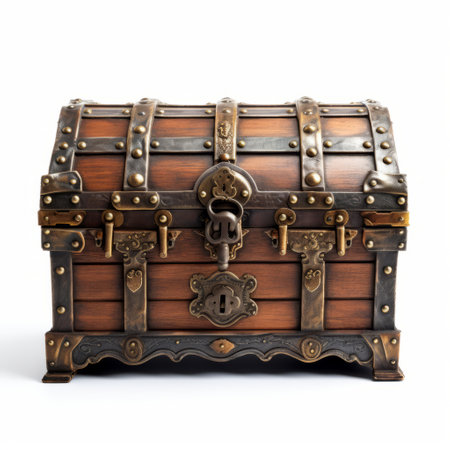antique wooden trunk isolated on white background stock photo featuring a dark bronze and gold style. this fantasy-inspired image showcases adorable toy sculptures with a vintage atmosphere. captured by the talented photographer matthias haker, this high-quality photo exudes charm and nostalgia. ai generatedの素材