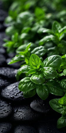 vine plant growing on black stones, captured with a canon eos 5d mark iv in the style of tilt-shift photography. this uhd image showcases a monochromatic color scheme, with vibrant greens contrasting against the dark stones. an innovative technique brings this kitchen still life to life, offering a unique perspective on nature's beauty. ai generatedの素材