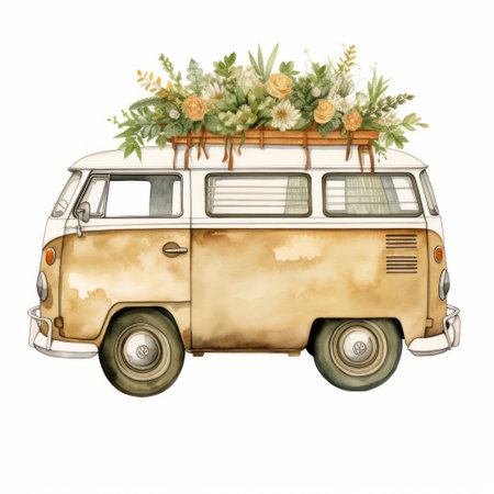 a simple car in scandinavian neutral colors like tan, brown, ivory, and green is depicted in this nursery watercolor. the boho-style cartoon artwork by lucy grossmith is in high definition 8k, with a white background for easy removal. ai generatedの素材