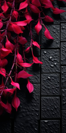 red flowers bloom over a backdrop of bricks and tiled pavement, creating a dark and brooding atmosphere. this minimalistic composition showcases a unique blend of dark black and magenta hues. inspired by japanese contemporary art, the design incorporates opaque resin panels and hyper-realistic water elements, adding depth and intrigue to the overall aesthetic. ai generatedの素材