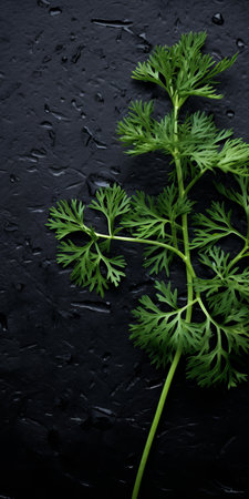 a green and gray plant with boldly textured leaves stands out against a sleek black background. this kitchen still life captures delicate materials and strong diagonals, creating a visually striking uhd image by bess hamiti. ai generatedの素材