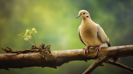a white dove gracefully perched on a branch adorned with a delicate flower. this stunning image, influenced by precisionism, showcases a captivating blend of light brown and dark beige tones. with its nature-inspired camouflage, the dove seamlessly blends into its surroundings in the southern countryside. the 8k resolution captures every intricate detail, while hints of light magenta and dark green add a touch of vibrancyの素材