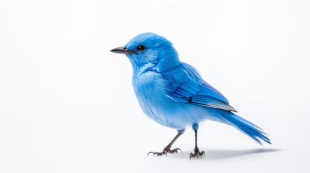 blue bird perched on a white background, captured in a candid style reminiscent of famous figures. the image showcases precisionist lines and a translucent color palette. with bold character designs and a monochromatic color scheme, this stunning photograph is truly a sight to behold. ai generatedの素材