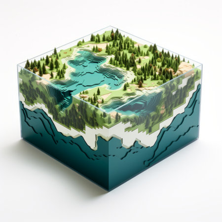 plastic box with tree and lake in dimensional multilayering style. accurate topography, mountainous vistas, naturalistic renderings, hikecore, detailed depiction, editorial illustrations. ai generatedの素材