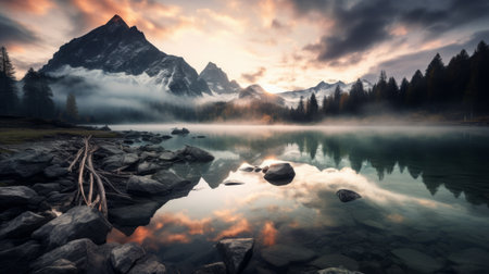 a stunning photo capturing the essence of nature in a swiss-style mountain landscape. with misty soft edges, this high-resolution 8k image showcases a serene mountain lake surrounded by a lush forest. the reflections add a touch of tranquility, while the sunrise casts a beautiful light across the scene. this realistic landscape with dramatic composition and intricate detailing is a visual treat. ai generatedの素材