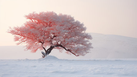 a captivating documentary photo showcases a red tree sitting on a snowy landscape. the soft focus romanticism style adds a touch of light pink and light cyan, creating a mesmerizing scene. with the artistic influence of fenghua zhong, the image exudes a sense of tranquility. the combination of light orange and silver hues enhances the visual appeal. this 8k resolution uhd image is a stunningの素材