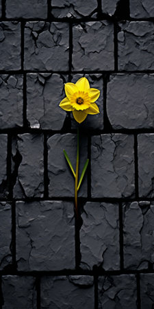 a yellow flower emerges from a crack within a brick wall, contrasted against a vibrant yellow background. this photo exhibits dark and somber elements, reminiscent of black and gray shades. the creative composition combines photomontage techniques with humanism, resulting in a dramatic portrayal. it celebrates the beauty found even in unlikely places. captured within the stark surroundings of religious stone, this thought-provoking image invites contemplationの素材