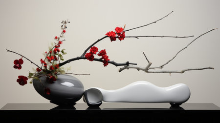 black and white pots filled with vibrant red and purple flowers, embodying the essence of oriental minimalism. twisted branches intertwine with sculptural arrangements, showcasing elaborate fruit compositions. this japanese photography captures lively tableaus adorned with delicate cherry blossoms. ai generatedの素材