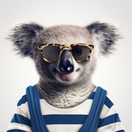 a koala bear wearing sunglasses poses on a white background, showcasing a surreal portraiture style. the striped retro filters add a touch of bold fashion photography to the image. the australian landscapes serve as a backdrop, enhancing the strong facial expression of the koala. the overall composition is bold and busy, capturing attention. ai generatedの素材