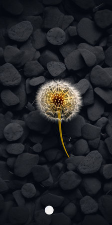 a dandelion rests delicately on a bed of rocks, creating a captivating contrast between the dark gray and light black tones. this 8k resolution image showcases the dreamlike installations of dark yellow and light white hues. with its elegant and emotive faces, this contest-winning photograph embodies the unique flowerpunk aesthetic. ai generatedの素材