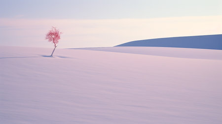 the lone tree stands tall amidst a snowy landscape, beautifully rendered in cinema4d. its surroundings are bathed in a soft palette of white and pink, evoking a sense of desertwave and japanese minimalism. this stunning image is captured in 8k resolution, showcasing vibrant colors found in nature. photographed by patty maher. ai generatedの素材
