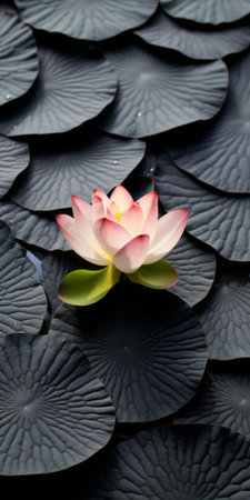 a single lotus flower gracefully floats in the pond water, showcasing a stunning combination of light pink and dark gray hues. the richly colored and intricately detailed foliage adds to its beauty. softbox lighting enhances the delicate features, while hints of light yellow and crimson add a touch of vibrancy. this photograph showcases innovative techniques and a mastery of black and white photography. ai generatedの素材