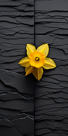 a yellow flower stands out against a black background, showcasing the beauty of nature. the photo captures the essence of eroded surfaces and absurdist installations, with a matte finish that adds a unique touch. the flower's vibrant color contrasts with the organic stone carvings, creating an innovative and visually striking composition. this image serves as a reminder of the importance of environmental awareness. ai generatedの素材