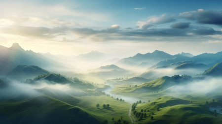 a stunning sunrise over the foothills captured in ultra high-resolution photography. the mountains are adorned with clouds, creating a mesmerizing scene with godrays piercing through the morning mist. this magical and epic atmosphere is beautifully captured using a wide-angle lens on a hasselblad camera. ai generatedの素材