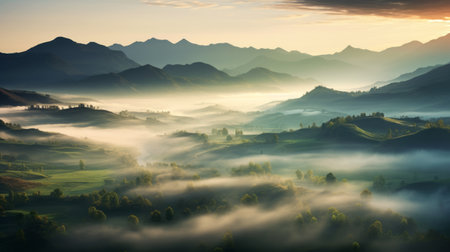 foothills at sunrise: ultra high-resolution photography of a beautiful landscape. clouds cling to the mountains, and godrays shine through the morning mist, creating a magical and epic atmosphere. captured with a hasselblad camera and wide-angle lens, this stunning photo showcases the beauty of nature at its finest. keywords: ultra high-resolution photography, foothills, sunrise, clouds, mountains, godrays, morning mist, magical, epic, hasselblad camera, wide-angle lens. aiの素材