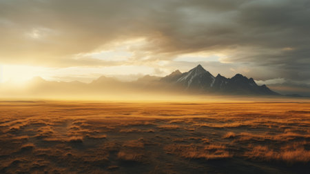 a stunning sunrise over a picturesque steppe, captured in ultra high resolution. majestic mountains adorned with clouds, and ethereal godrays piercing through the morning mist, create a truly magical and epic atmosphere. this breathtaking scene was expertly captured using a wide angle lens on a hasselblad camera. ai generatedの素材