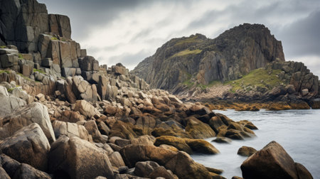 rocks create a stunning backdrop for the ocean, reminiscent of the picturesque english countryside. this national geographic photo, captured with a carl zeiss distagon t 15mm f2.8 ze lens, showcases the rugged beauty of scottish landscapes in 32k uhd resolution. keywords: rocks, ocean, english countryside, carl zeiss distagon t 15mm f2.8 ze, ai generatedの素材