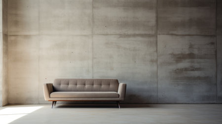 a couch in an empty room, showcasing industrial design with refined elegance. the muted color palette of dark beige and gray complements the concrete wall, embodying the essence of concrete brutalism. this eco-friendly crafted piece utilizes sustainable materials, blending style and sustainability seamlessly. ai generatedの素材