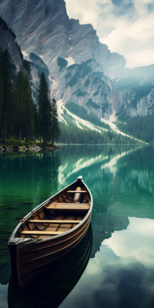mediterranean lake scene with boat on calm waters, framed by mountainous vistas. dark green, aquamarine, dark turquoise, and light brown hues create a calming, introspective aesthetic. swiss style composition with juxtaposed imagery evokes a lake wallpaper feel. webcam photography captures the scene. ai generatedの素材
